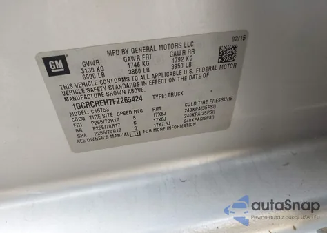 2015 Chevrolet Silverado 1500 1Lt from USA, damaged, VIN 1GCRCREH7FZ265424